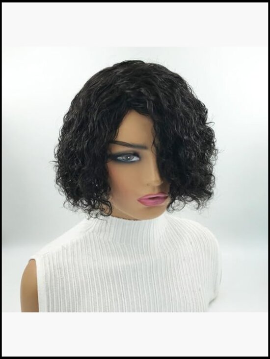 Short Curly Bob Wig with Bangs Black Women 8 Inch Pixie Cut Glueless Human Hair main image 5